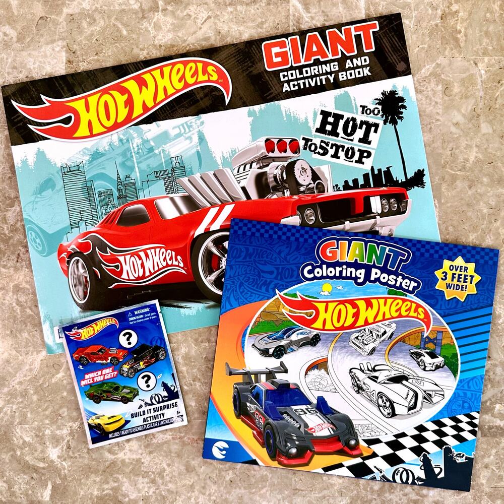 Hot Wheels Giant Coloring/Activity Book, 3' Coloring Poster, & Surprise Build-It